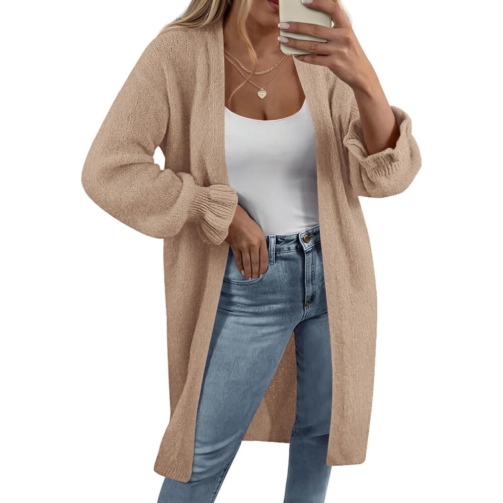 Knee-Length Lantern Sleeve Cardigan For Women - Effortless Autumn Elegance